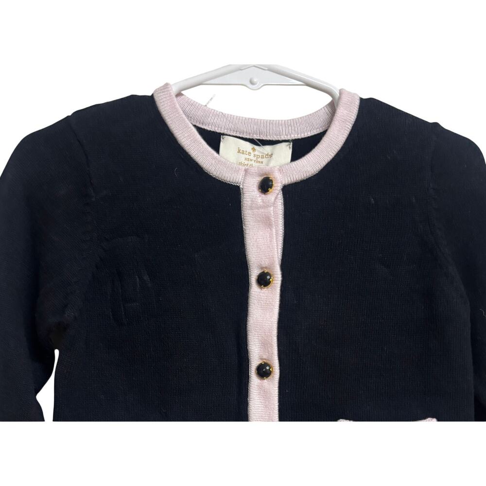 Kate Spade Baby Girl Cardigan 12M Black Pink Bow Button Pocket Cotton New - Picture 2 of 8